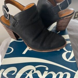Lucky Brand Black Leather Clogs with Buckle and Wooden Heel